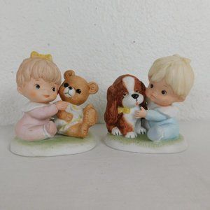 Homco Vintage Figurines #1424 Boy with Puppy Girl With Teddy Bear 1970s Taiwan